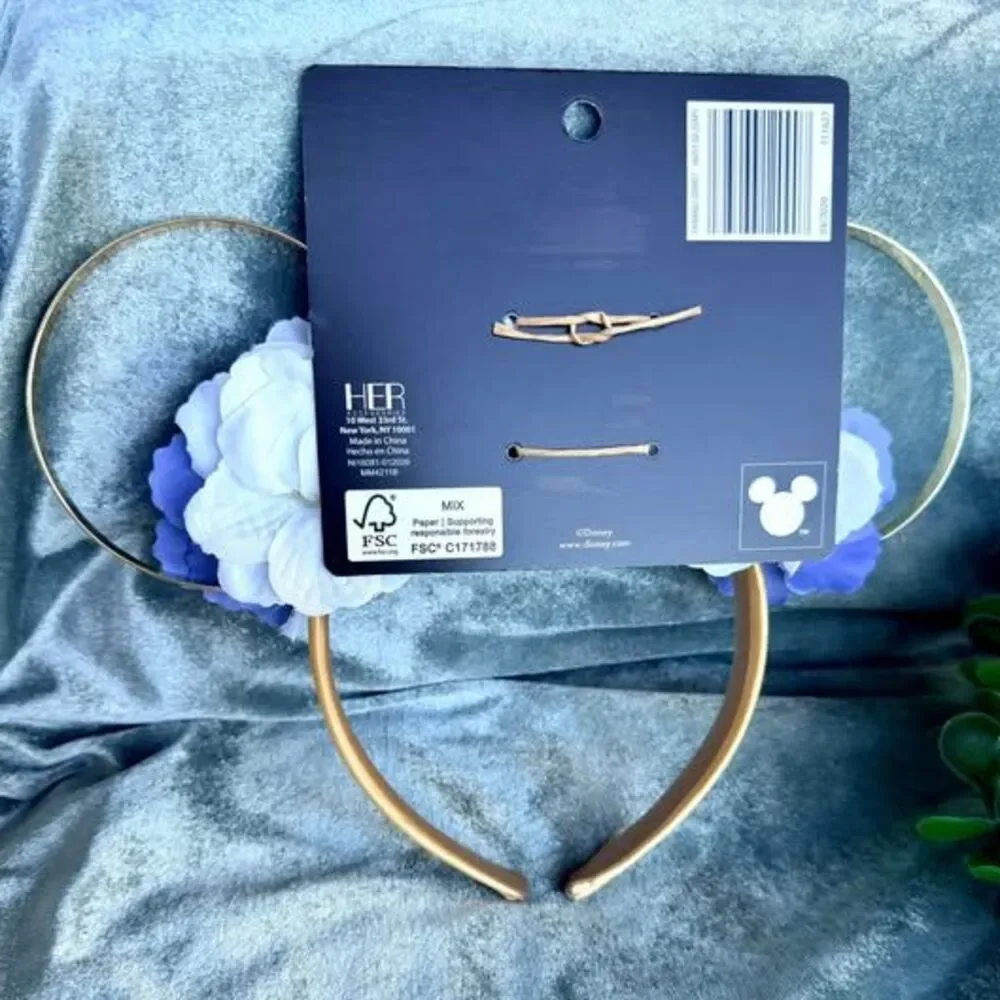 Disney Minnie Mouse Floral Ear Headband Gold Blue White New